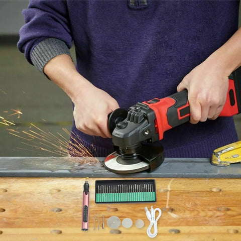 Go-To Cordless Rotary Tool Kit With 3 Speed Engraving Pen And LED Display, 25W Drill Grinder For Carving, Polishing And Cutting, 3.6V Portable Power Tool For DIY Projects And Light Pro Work. person using red angle grinder on metal with sparks