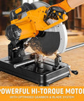 14 Inch Metal Cutting Chop Saw 2600W Heavy Duty Electric Cut Off Machine With Saw Blade For Steel Iron Rebar And Thick Pipes Industrial Copper Motor Delivers Beast Power For Pro Workshop Use, close-up view cutting metal pipe