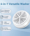 Portable Mini Ultrasonic Washing Machine For Everyday Laundry And Kitchen Prep with four-level modes and USB power.