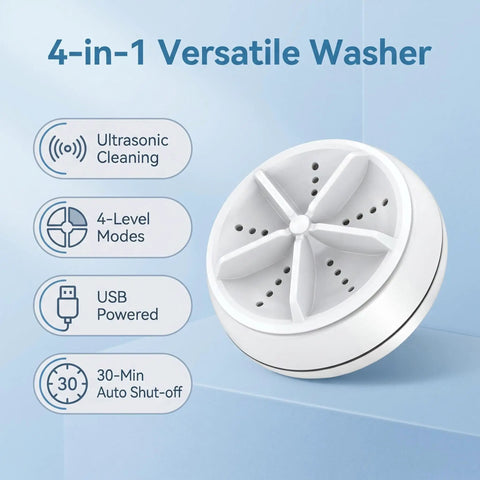 Portable Mini Ultrasonic Washing Machine For Everyday Laundry And Kitchen Prep with four-level modes and USB power.
