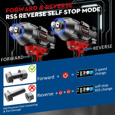 Cordless Impact Wrench With Brushless Motor Delivers Up To 1600 Foot Pounds Of Torque And 2100 Nm Three Quarter Inch Drive Includes Two 4.0Ah Batteries Three Quarter Inch To One Half Inch Adapter Five Sockets And Case For Car Truck Home Workhorse shown with forward and reverse modes and 3-speed change feature.