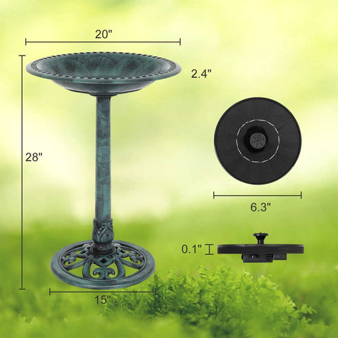 Solar Powered Pedestal Bird Bath Fountain With Steel Ground Anchors, Weather Resistant Resin, Antique Green Outdoor Garden Decor For Yard Or Courtyard, Lightweight Yet Sturdy Backyard Water Feature dimensions shown in green garden setting.