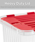 Close-up of heavy duty red snap lid on storage bin, ensuring secure containment for items in organization.