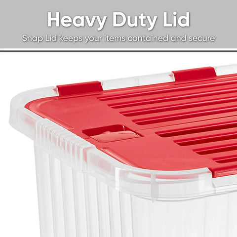 Close-up of heavy duty red snap lid on storage bin, ensuring secure containment for items in organization.