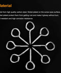40 Pack 2 Inch Screw Eyes Nickel Plated Steel Self Tapping Eye Hooks Rust Resistant Metal Hardware arranged in a circular pattern.