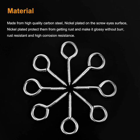 40 Pack 2 Inch Screw Eyes Nickel Plated Steel Self Tapping Eye Hooks Rust Resistant Metal Hardware arranged in a circular pattern.
