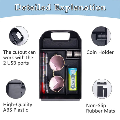 RAV4 Center Console Tray Organizer For All 2019 2020 2021 2022 2023 2024 2025 Models And 2021 2024 RAV4 Prime showing detailed compartments including coin holder and USB cutout.