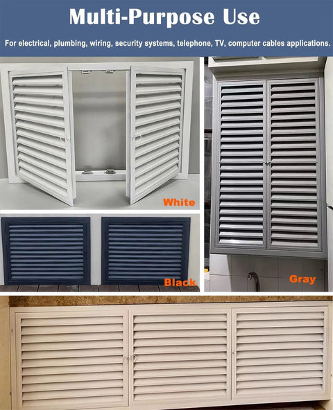 Heavy Duty Aluminum Wall Access Panel With Secure Magnetic Latch And Crisp White Louvered Vents For No Sweat Drywall Inspection And Top Shelf Airflow Control 36 By 48 Inch shown in white and gray for multi-purpose use.
