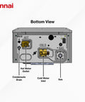 Bottom view of Heavy Duty Commercial Tankless Water Heater Pumping Out Endless Hot Water With Smart Adaptive Gas Valve Tech showing connections.