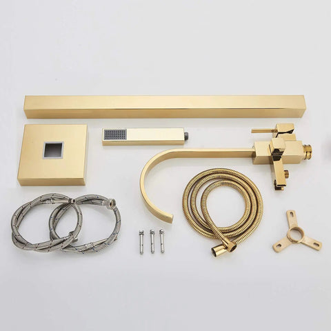 Solid Brass Freestanding Bathtub Faucet With Hand Shower in Gold Polished Finish components layout