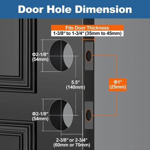 Diagram showing door hole dimensions for Keyed Alike Exterior Door Knob And Deadbolt Combo Set For Entrance And Front Door in Satin Nickel Finish.