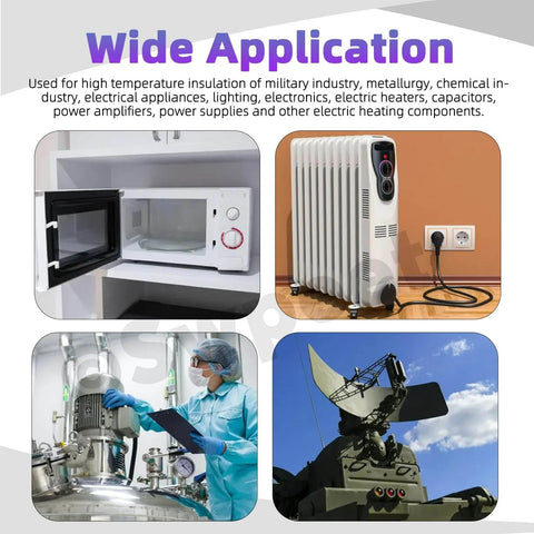 420Pcs Mica Insulation Sheets Kit, 6 Sizes And 2 Styles used in military, electrical, and industrial applications shown in collage.