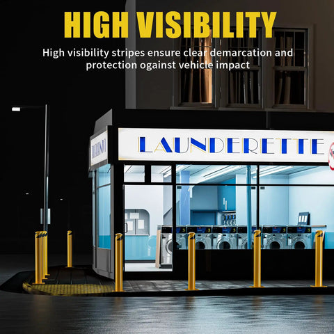 Heavy Duty Steel Safety Bollard Posts 36 Inches Tall 4 5 Inch Diameter Yellow Powder Coated Hella Rock Solid outdoor barrier at launderette.