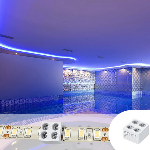 25 Pack Solderless LED Tape Light Connectors Tape To Tape Quick Screw Down Terminal Block 2 Pin For Strip Lights 0.3 Inch 8mm 5V 12V 24V Single Color White DIY Friendly, shown in a swimming pool setting with blue LED accent lighting, close-up view of terminal block.
