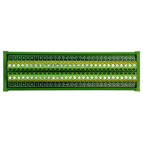 Front view of DIN Rail Mount 30-Position Screw Terminal Block Distribution Module With 24A Per Position, 400V Rating, 5.0mm Pitch
