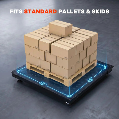Tough As Nails Industrial Floor Scale For Warehouses Featuring 48 By 48 Inch Platform And 5000 Pound Capacity, with standard pallets loaded.