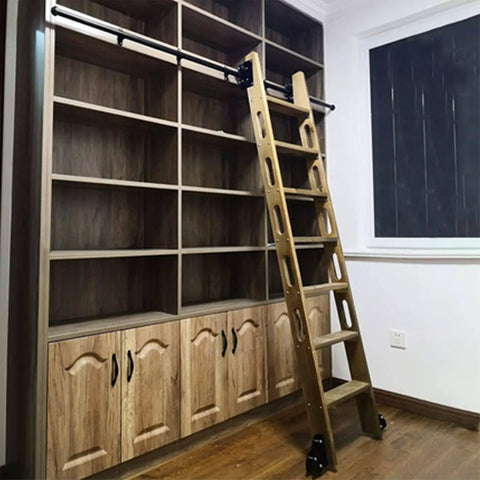 Sliding Ladder Hardware Kit For Steel Rolling Ladders With Track And Floor Roller Wheels, Fits 3.3ft To 20ft Systems, Installed on Bookshelf