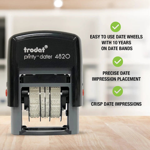 No Hassle Self Inking Date Stamp For Quick Document Dating Hella Smooth Adjustable Calendar Controls with black ink and date wheels.