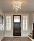 Straight Up Stunning Three Light Semi Flush Mount Crystal Ceiling Light Fixture In Vintage Rustic White Finish For Farmhouse Hallway Kitchen Entryway Bedroom Or Living Room, hanging in an entryway.