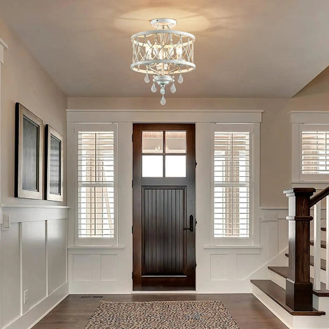 Straight Up Stunning Three Light Semi Flush Mount Crystal Ceiling Light Fixture In Vintage Rustic White Finish For Farmhouse Hallway Kitchen Entryway Bedroom Or Living Room, hanging in an entryway.