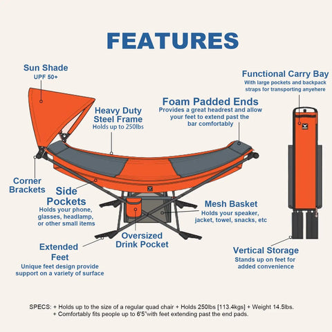 Diagram showing orange Portable Hammock With Stand No Trees Needed Compact Folding Framed Hammock with adjustable sunshade canopy features.