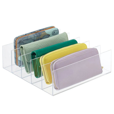 Five-Section Plastic Purse Organizer For Bedroom Closet And Shelf Storage, Vertical Slim Clear Bin Holds Purses Wallets Clutches Sunglasses And Totes, Measures 11 X 11 X 3.58 In, For Dorms RVs Kitchens Craft Rooms, Durable Shatter-Resistant Plastic. Purses stored upright in clear compartments.