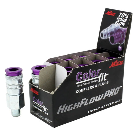 ColorFit HighFlowPRO V-Style Purple Quarter Inch NPT Male Pneumatic Couplers Set of 10 box with visible couplers