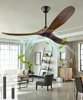 52 Inch Outdoor Ceiling Fan With Remote, 3 Solid Wood Blades No Light, Silent Reversible Modern Ceiling Fan in living room