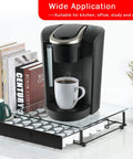 High Capacity Coffee Pod Drawer Organizer With Tempered Glass Top Holds 36 K Cup Pods 6 Per Row Black Metal Frame with coffee maker
