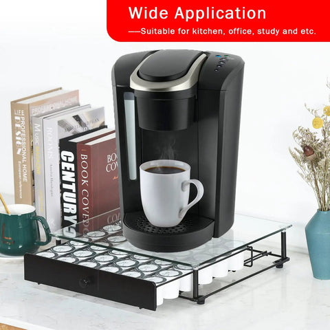 High Capacity Coffee Pod Drawer Organizer With Tempered Glass Top Holds 36 K Cup Pods 6 Per Row Black Metal Frame with coffee maker