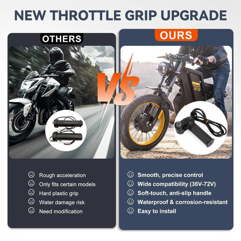 Comparison between old and new throttle grips, highlighting Full Twist Throttle With 2 Keys Plug And Play For Ridstar Q20 Series