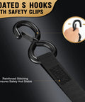 Coated S hooks with safety clips attached to heavy duty webbing for secure cargo in 1 Inch By 10 Feet Heavy Duty Retractable Ratchet Straps 4 Pack 1800 Lb Break Strength Auto Retract Webbing Keeps Cargo Rock Solid With No Snarls Just Pull Release And Load Up Stress Free For Trucks Vans And Trailer Securement.