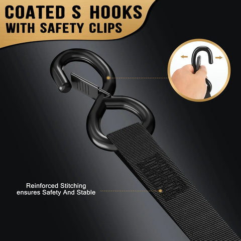 Coated S hooks with safety clips attached to heavy duty webbing for secure cargo in 1 Inch By 10 Feet Heavy Duty Retractable Ratchet Straps 4 Pack 1800 Lb Break Strength Auto Retract Webbing Keeps Cargo Rock Solid With No Snarls Just Pull Release And Load Up Stress Free For Trucks Vans And Trailer Securement.