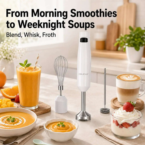 Cordless Immersion Hand Blender And Stick Blender With Straight Up Powerful Brushless Motor and Responsive Variable Speed Switch Plus Fast USB C Charging For Smooth Soups And Sauces Easy Breezy Cleanup That Makes Dinner Time A Cinch displayed with soups, smoothies, and accessories in a kitchen setting.