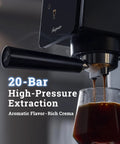 Badass Home Espresso Maker With Slick Touchscreen Interface And 20 Bar Pump pulls rich espresso shots into glass.