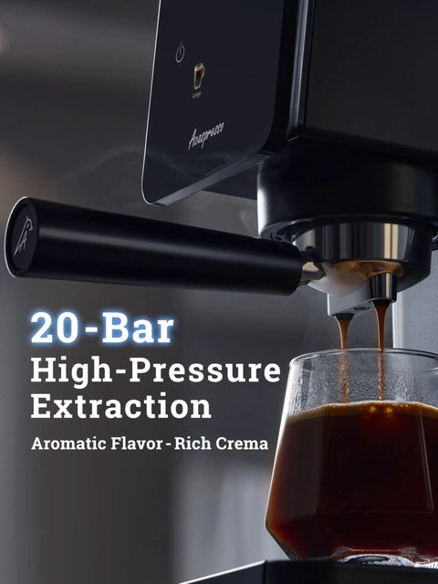 Badass Home Espresso Maker With Slick Touchscreen Interface And 20 Bar Pump pulls rich espresso shots into glass.