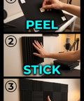 96 Pack Heavy Duty Acoustic Foam Wedge Tiles Soundproofing Wall Panels For Recording Studios installation steps with adhesive strips.