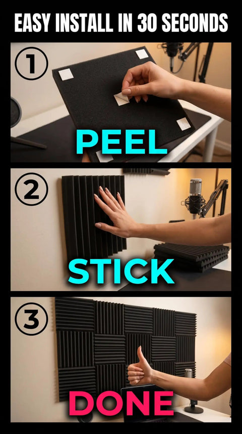Rock Solid 50 Pack Black Acoustic Foam Wedge Tiles For Studio Soundproofing And Podcast Recordings Featuring Dynamic Wavy Shape With Included Double Sided Adhesive Tape For Easy Hanging, demonstrating easy installation steps.