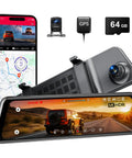 12 Inch Mirror Dash Cam with Crystal Clear 4K UHD Front and 2.5K Rear, featuring GPS, G Sensor, and 64GB storage display