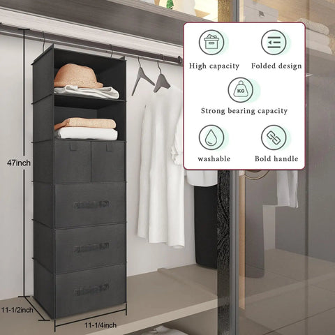 Six Shelf Hanging Closet Organizer With Five Drawers And Three Pockets Two Hooks Foldable Wardrobe Storage For Clothes And Accessories Non Woven Fabric Black displayed in a closet with dimensions and features highlighted.