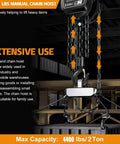 2 Ton Manual Chain Hoist With 10 Ft Lift Height And 4400 Lbs Capacity, G80 Galvanized Carbon Steel Chain in warehouse setup