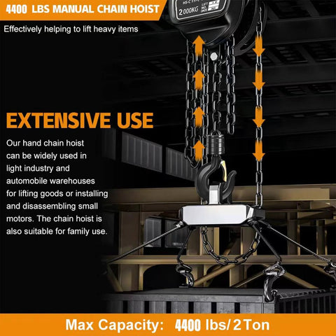 2 Ton Manual Chain Hoist With 10 Ft Lift Height And 4400 Lbs Capacity, G80 Galvanized Carbon Steel Chain in warehouse setup