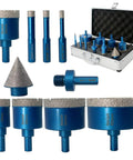 Pro Grade Diamond Core Drill Bit Set For Tile And Stone Includes Sizes 6 6 10 25 35 50 75mm Plus 50mm Cone Tile Bit Beveling Chamfer Bit 10mm Finger Bit And 5 8 11 Adapter 10 Piece Kit in a carrying case