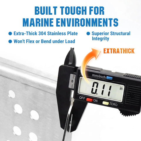 Heavy Duty 304 Stainless Beefed Up Trim Pump Bracket For Mercruiser Boats Direct Replacement For 42419A1 862548A1 PH200 T066 18 6750 Corrosion Resistant Marine Mounting Bracket with caliper measuring 0.11 thickness.