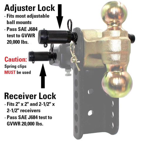 Keyed Alike Five Eighth Inch Trailer Hitch Lock Set For Adjustable Channel Mounts With Double Safety Heavy Duty Tow Hitch Receiver Locking Pins Fits Class Three Through Five Hitches.