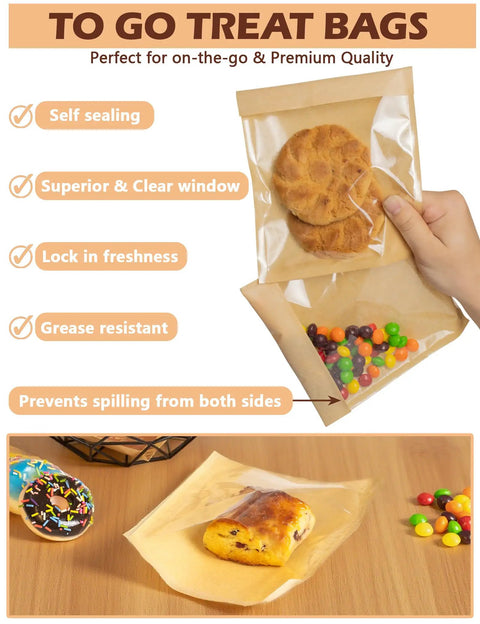 Close-up of 100 Pack Self Sealing Cookie Bags With Seal 5.9x6.5 Inch Paper Bakery Bags With Window Grease Resistant for snacks.