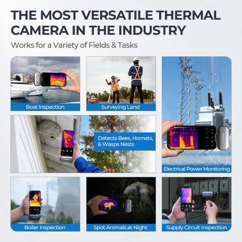 Collage of Thermal Imaging Camera For iOS With Lightning Port, used in various inspections like boat, electrical, and wildlife.
