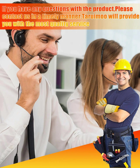 Customer service team with headset and smiling construction worker in overalls and hard hat.