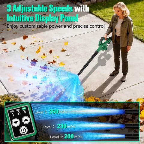 Woman using Cordless Leaf Blower Vacuum Combo 4 In 1 With Inflation Deflation Nozzles 190 MPH Air 3 Speed Control on driveway