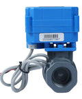 Front view of 3/4" UPVC motorized ball valve, full port, with two-wire auto return, for water systems and irrigation